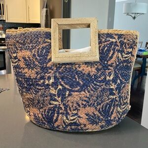 Woven Tapestry Tote Handbag Made in India Wooden Handles